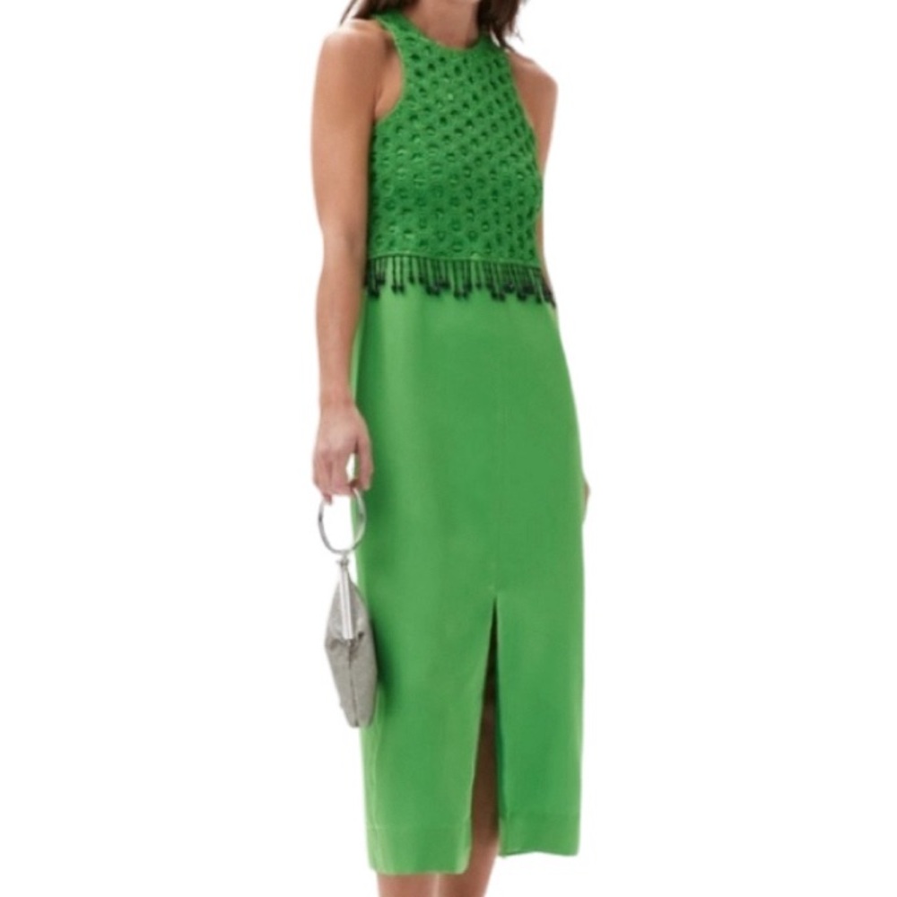 NWT Ganni Green Smocked Beaded Detail Satin Maxi Dress - Sz 4 - Picture 1 of 11